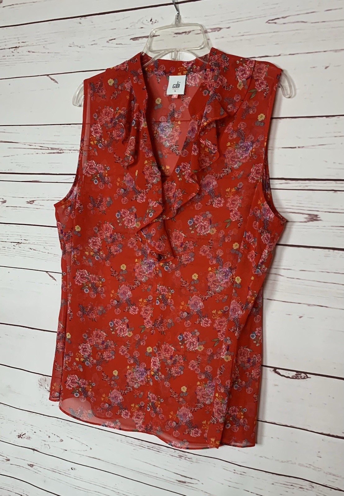 CAbi Women’s L Large Red Floral Ruffle Sleeveless Sheer Summer Top Blouse