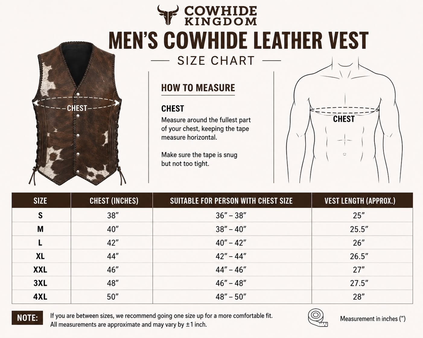 Handmade Cow Hide Leather Vest Brown White Yoke Snap Cowboy Waistcoat