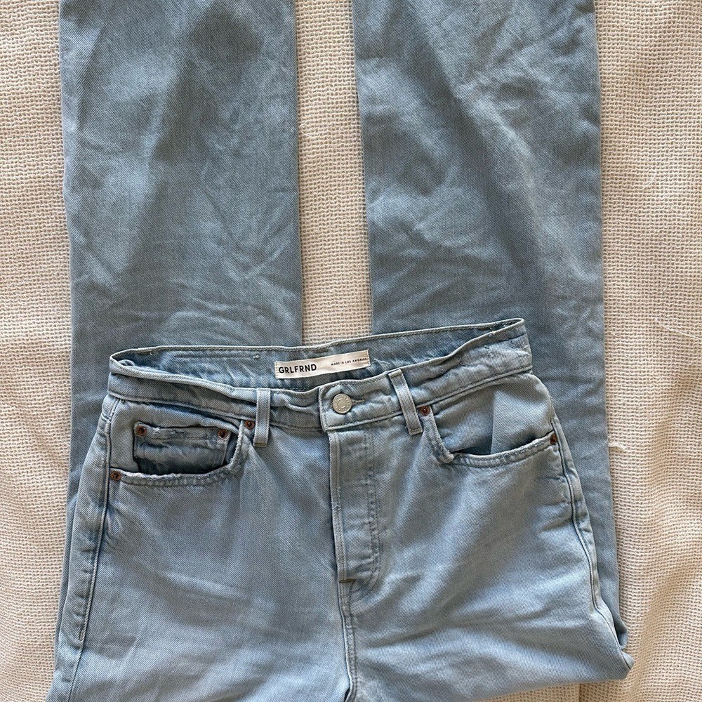 GRLFRND Cassidy Mid Rise Straight Light Blue Distressed Jeans