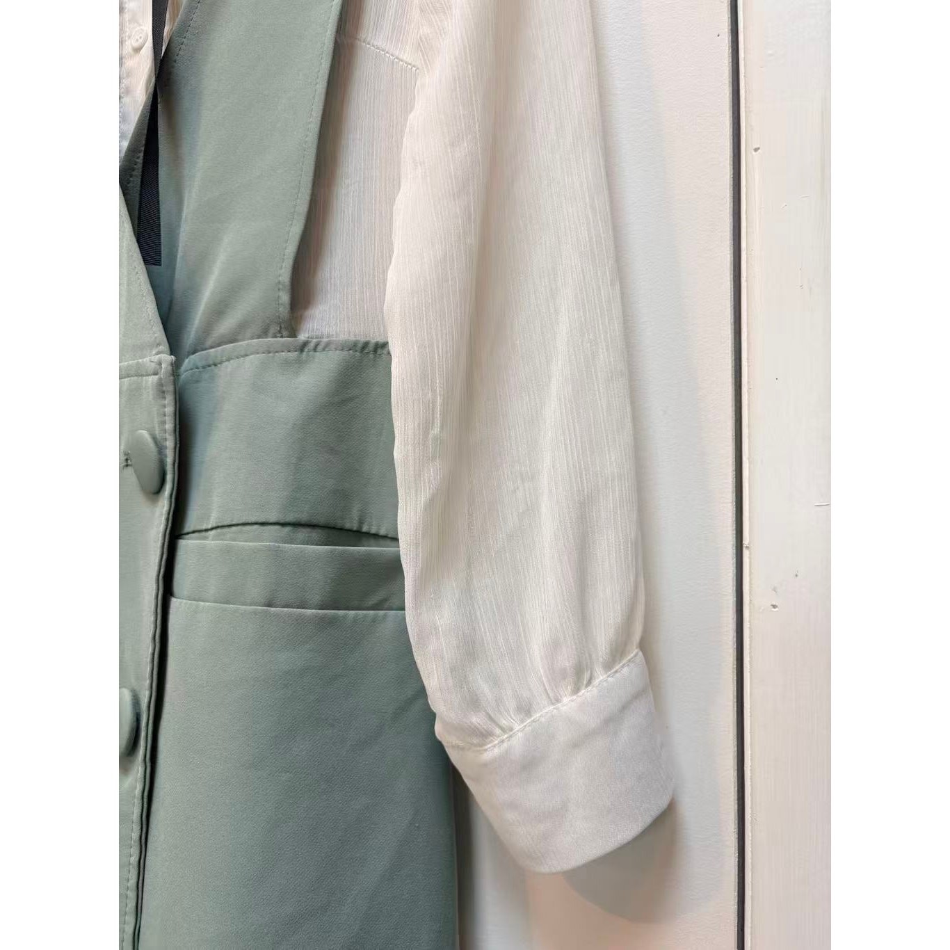 Korean Style 2 Piece Set Sage Green Pinafore Dress White Sheer Blouse Bow XS