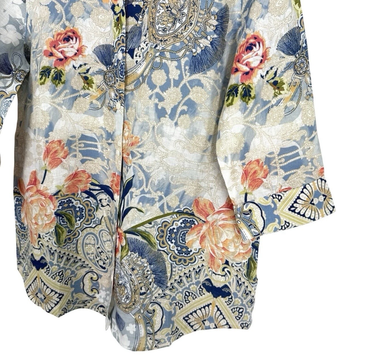 Chico’s Linen Blend Button-Up with Soft Blue Floral Print