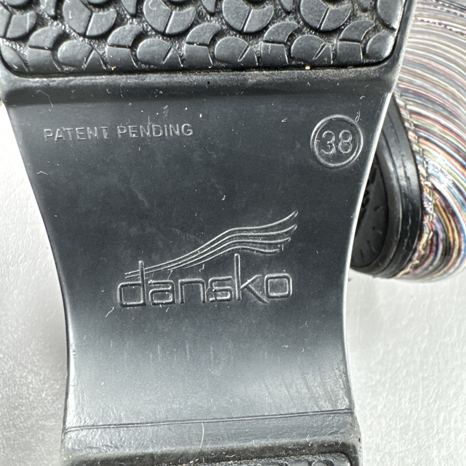 Dansko Pro XP Grey Multi-Colored Striped Patent Leather Clogs Sz 38 US 7.5-8