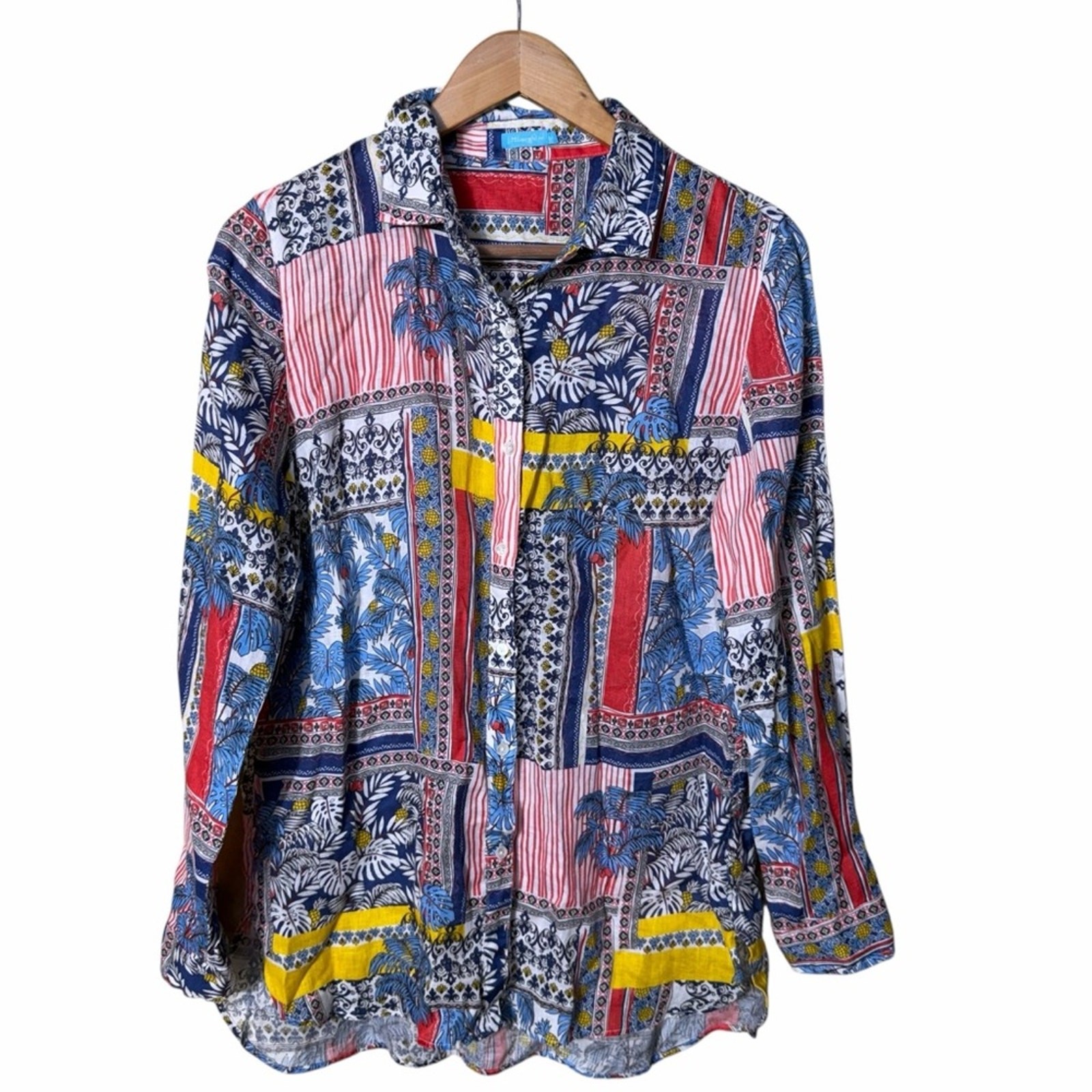 J. McLaughlin Brit Linen Long Sleeve Button Down in Palm Park Size Medium
