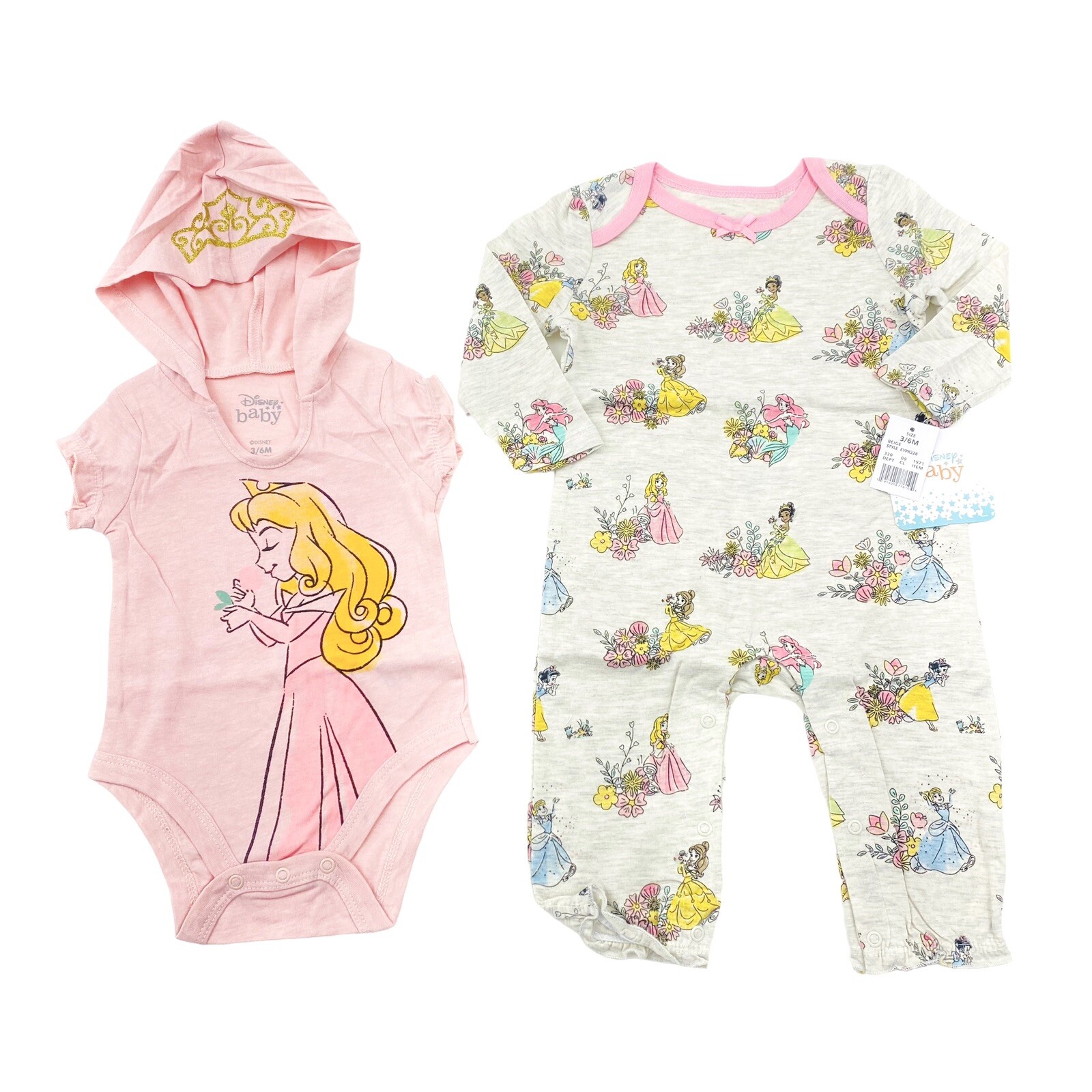 Disney Baby Girl Size 3/6M 2 PC Set Romper & Bodysuit Disney Princess Beige