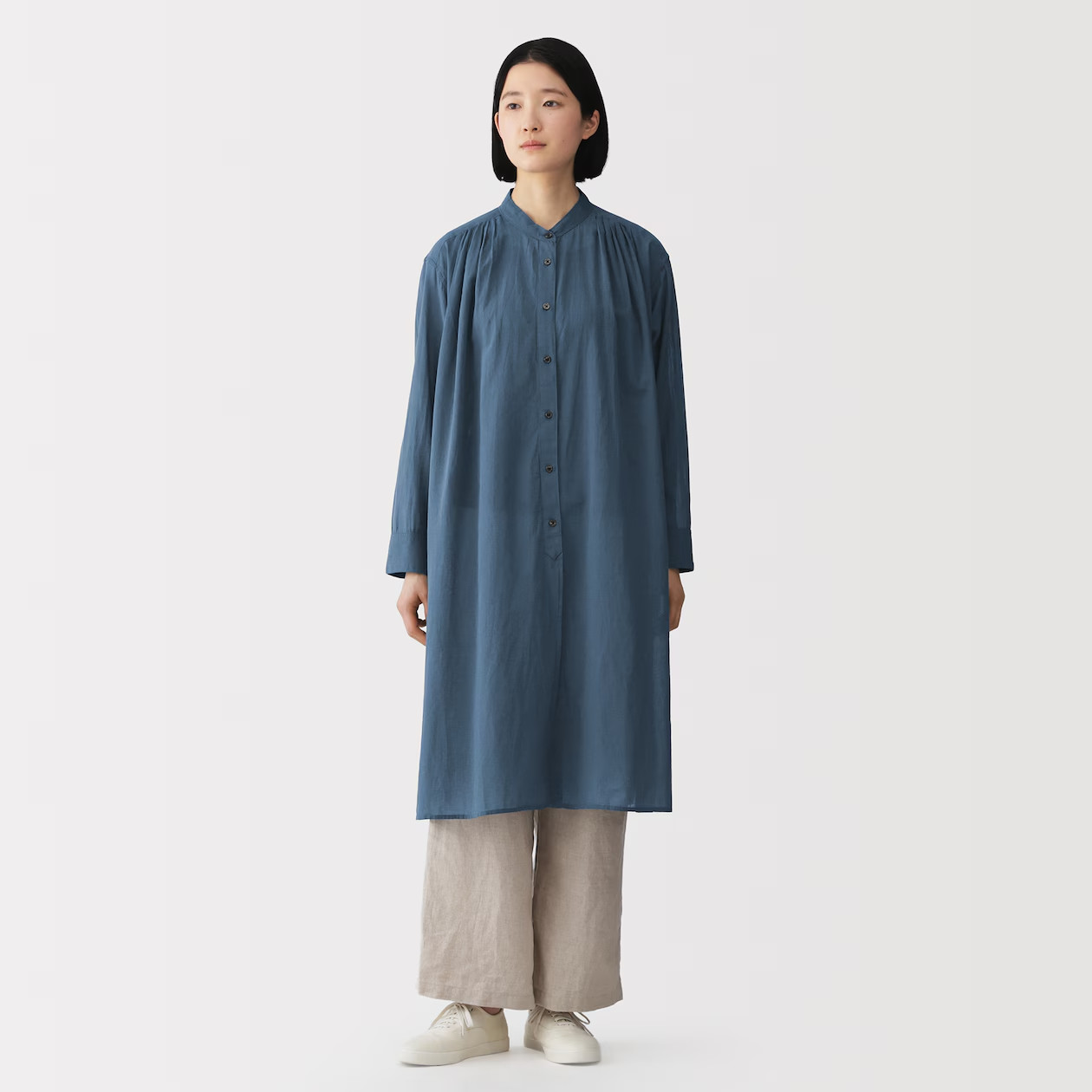MUJI Womens 100% Organic Cotton Sheer Shirt Dress Smoky Blue FedEx