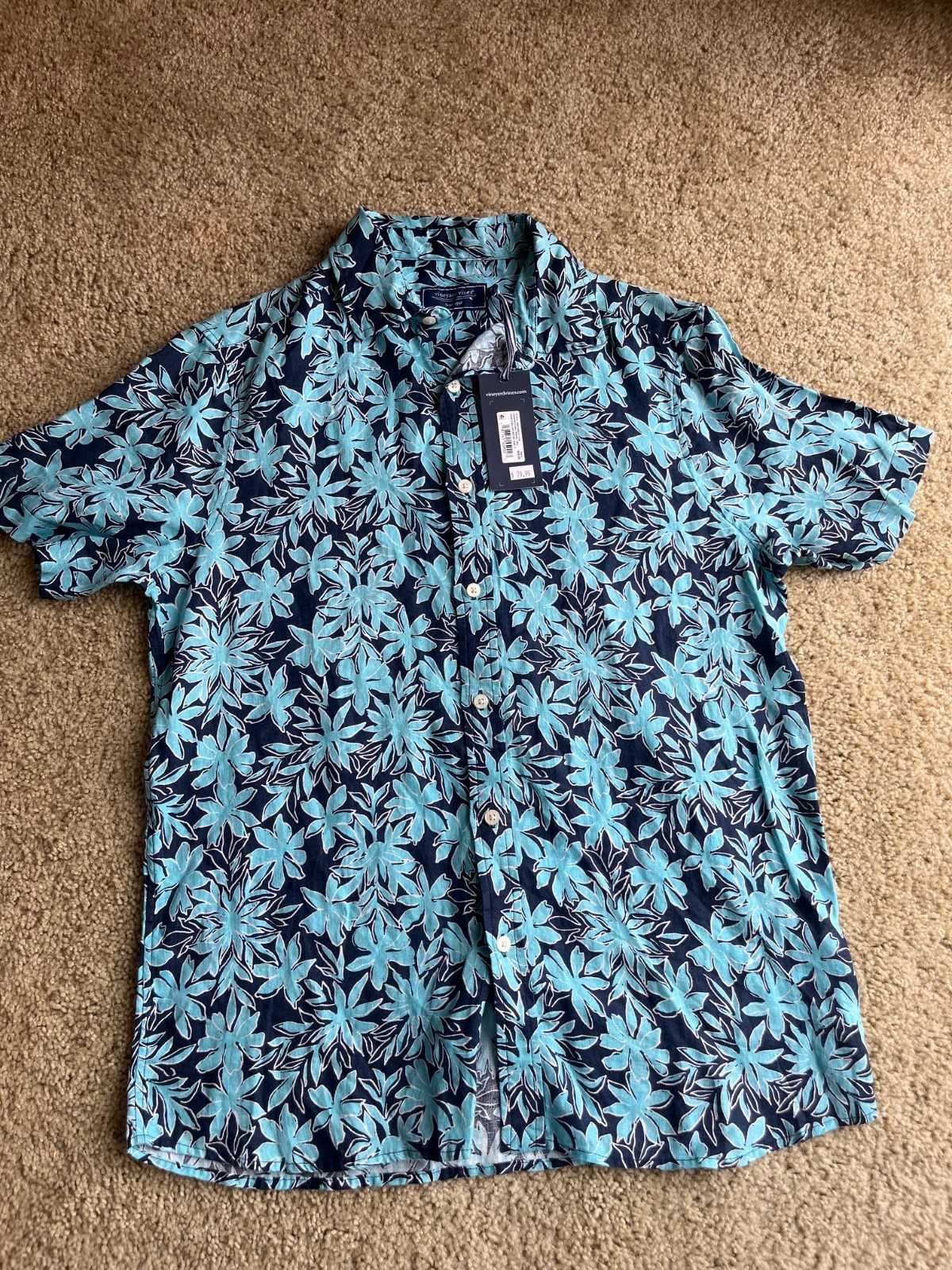 Vineyard Vines Linen Shirt Mens Small Blue Floral Hawaiian Camp NWT Resort