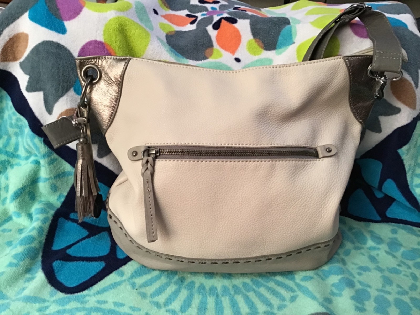 The Sak Gray, Bone & Metallic Leather Shoulder Bag or Crossbody – 14W x 11H x 4D