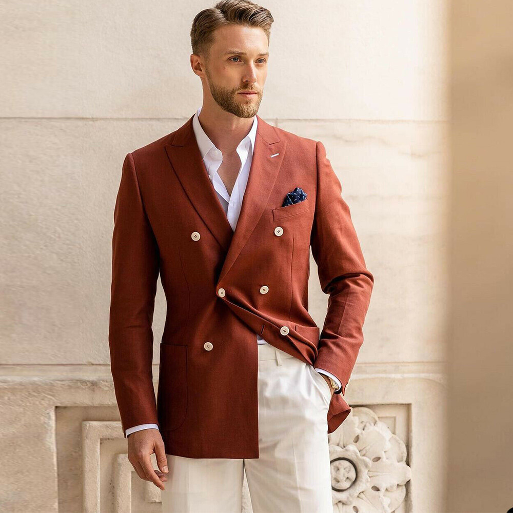 Men’s Suit Linen Formal Wedding Groom Peak Lapel Double Breasted Banquet Blazer