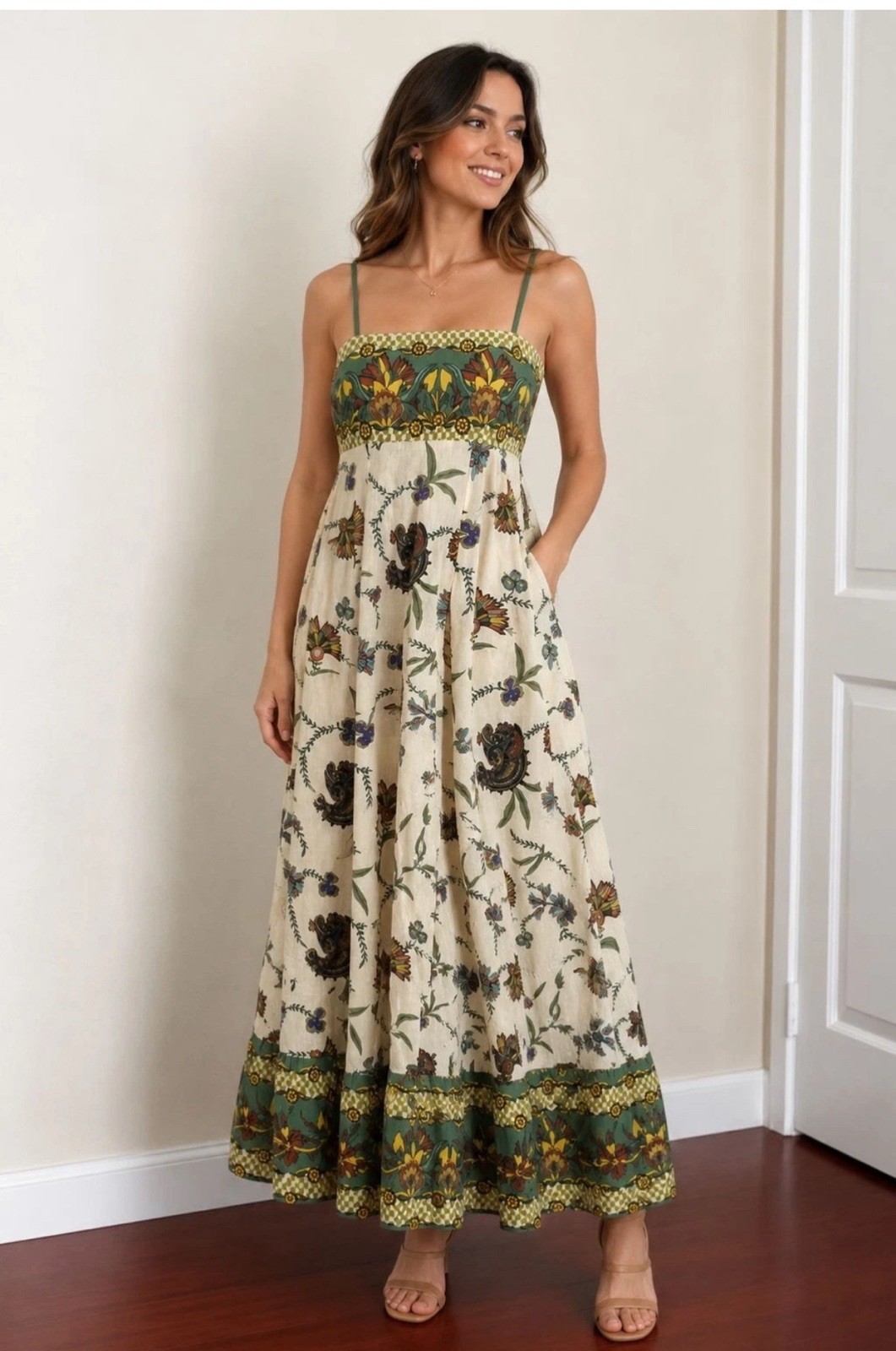 Caroline Constas S Green Floral ANTHROPOLOGIE Smocked Pockets Maxi Dress NWT