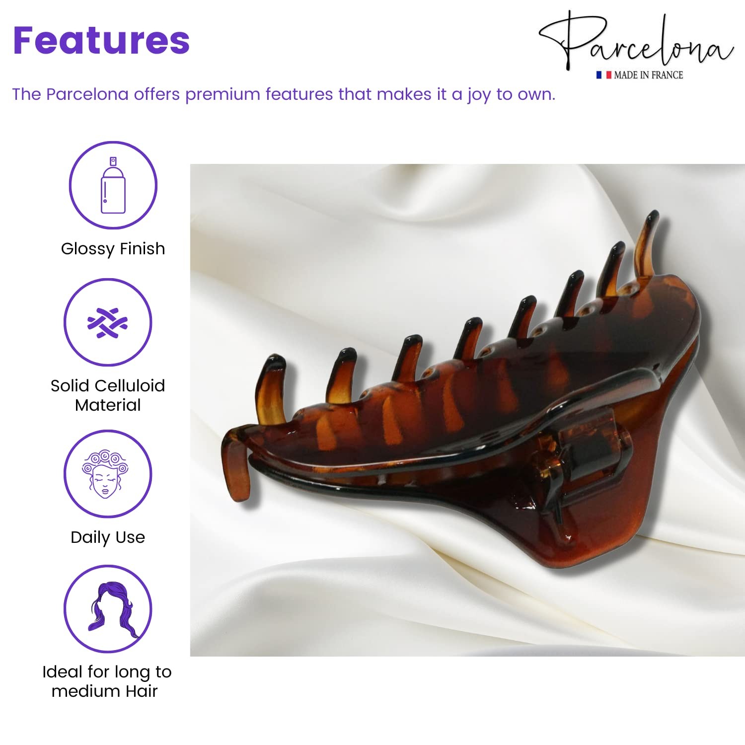 Parcelona French Boss Thin 3 1/2″ Medium Celluloid Jaw Hair Claw for Women