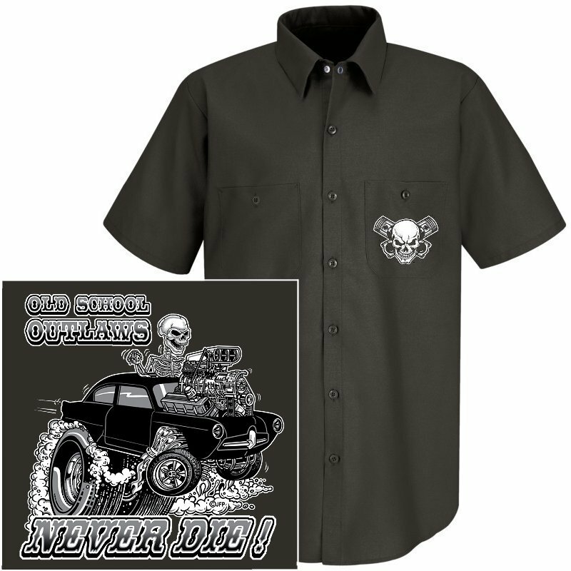 HENRY J KAISER OLD SCHOOL MUSCLE HOT ROD OUTLAW GASSER DRAG CAR SKULL WORK SHIRT