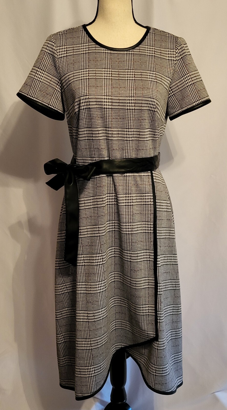 Size 6/8 VINTAGE DKNY Leather Trim Dress Gray Houndstooth Print Midi Donna Karan