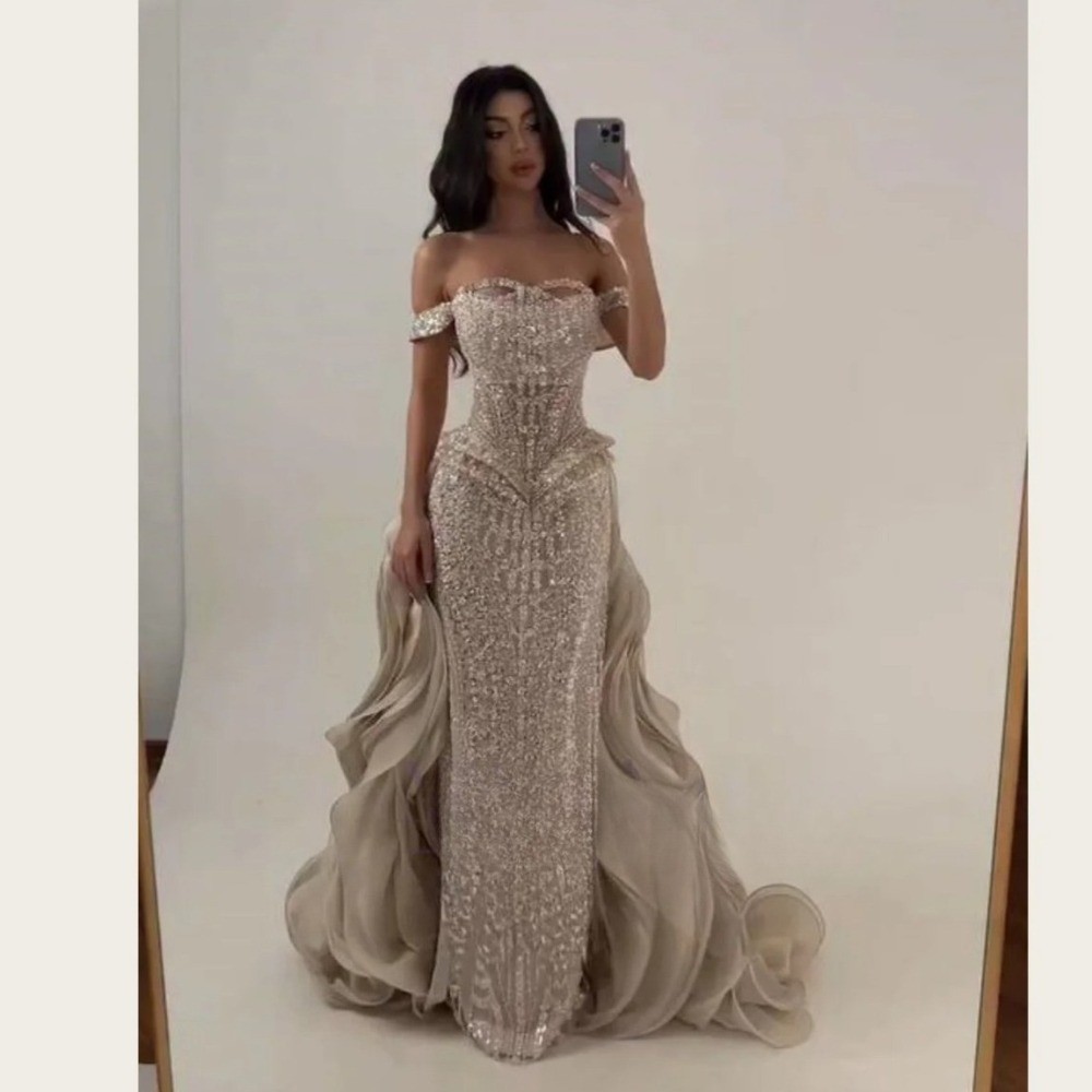 Evening Gown Beaded Straps Off-the-Shoulder Layered Wave Train Mermaid Ball Gown