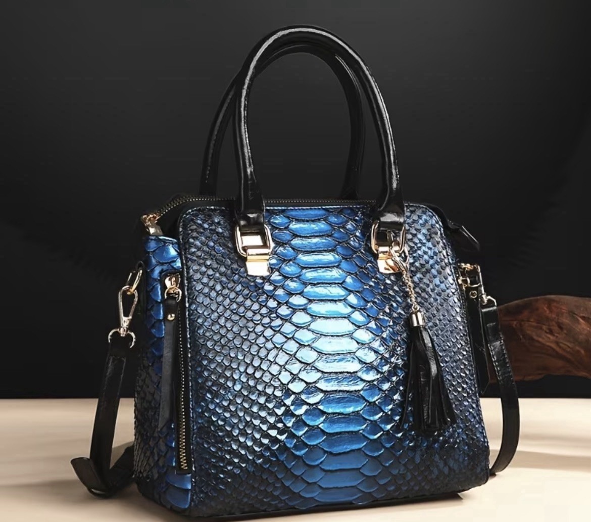 Snake Embossed Brown Satchel Top Handle Bag Zip, Tassel, Detachable Strap