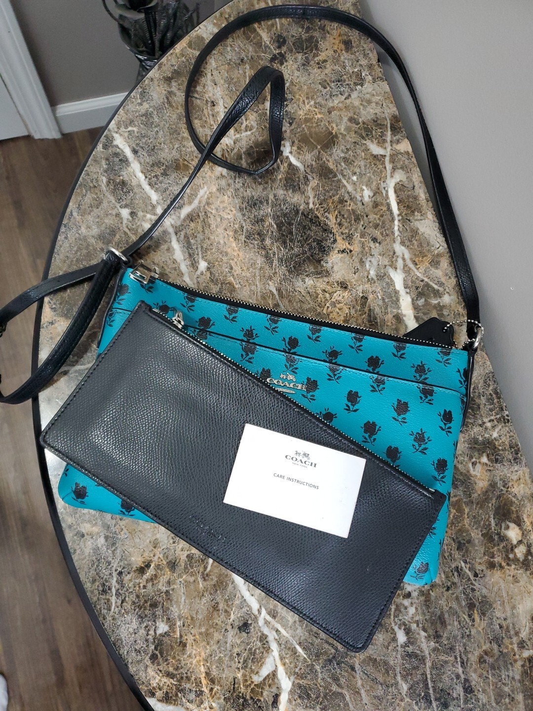 COACH Leather Floral Badlands Print Crossbody Bag Turquoise Blue Green Black