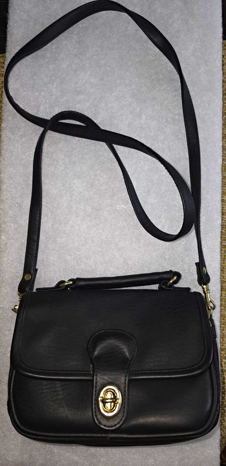 Black Crossbody Bag Flap Turn-Lock Multi Zip Compartments Gold Hardware