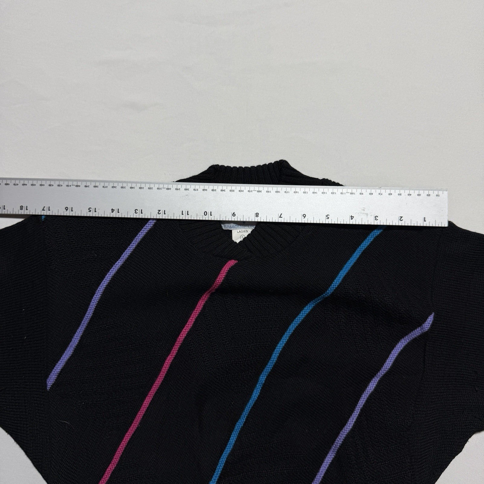Vintage 80s Diagonal Stripe 100% Wool Crewneck Sweater Black Neon Pink Blue S