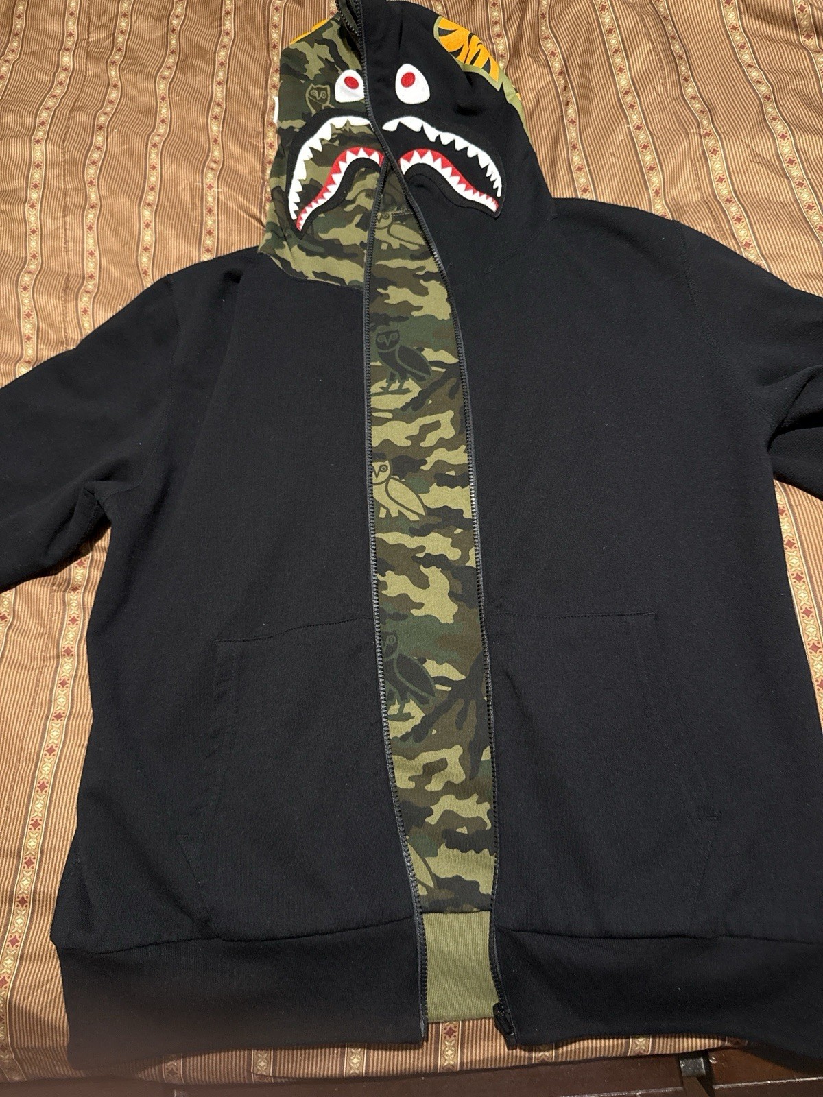 A Bathing Ape x OVO Full Zip Shark Camo Cotton Fleece Hoodie Black/Green XL