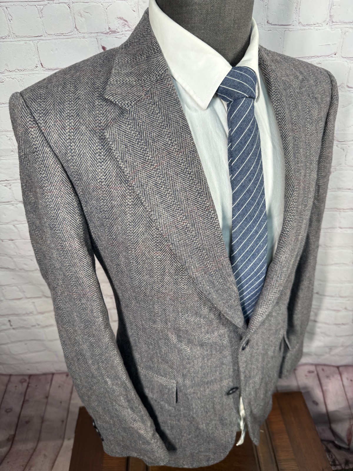 OAKTON LTD. Mens Gray TWEED Wool BLUE-HERRINGBONE Blazer Sport Coat Jacket 40R