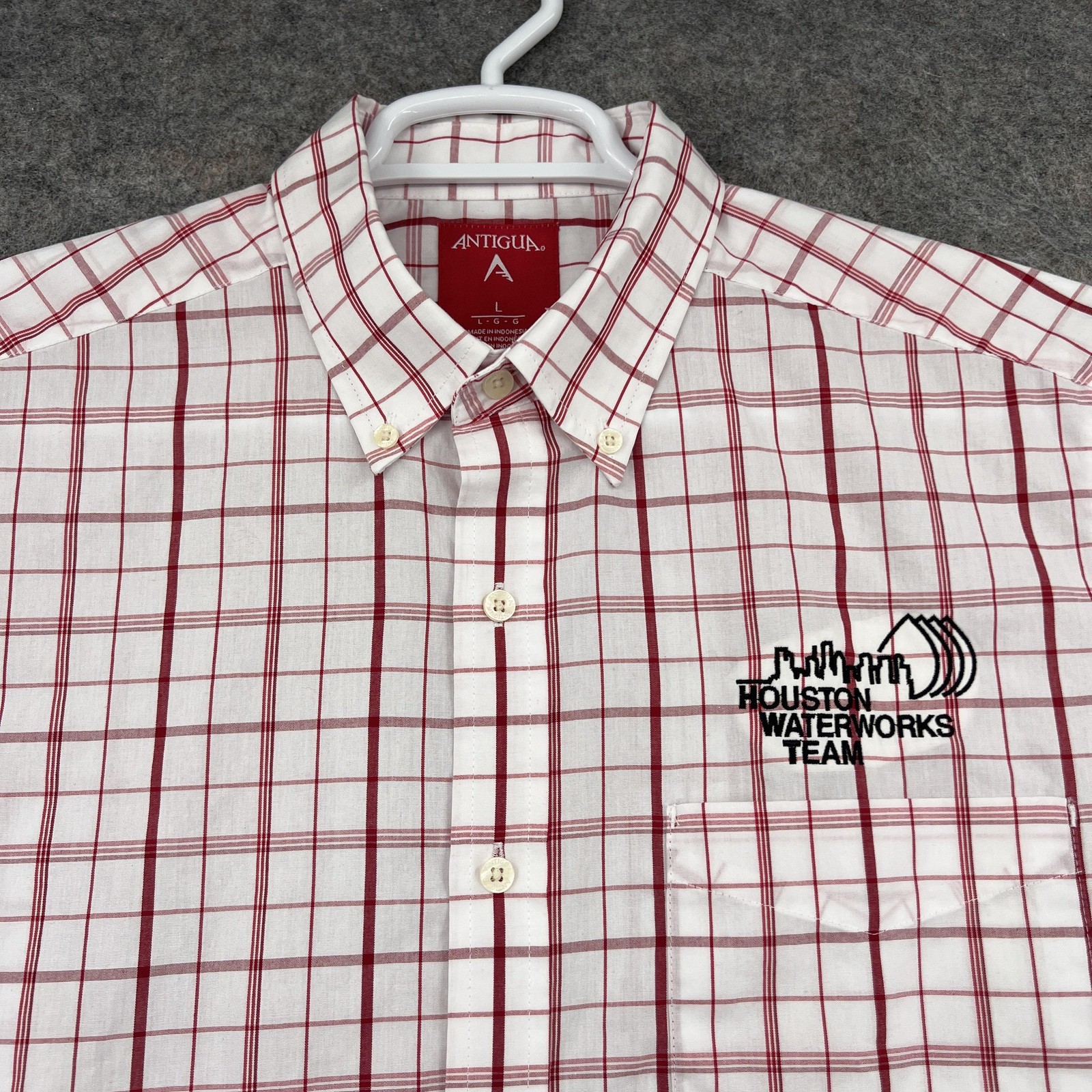 Antigua Button Down Shirt Mens Large White Plaid Long Sleeve Pocket Embroidered
