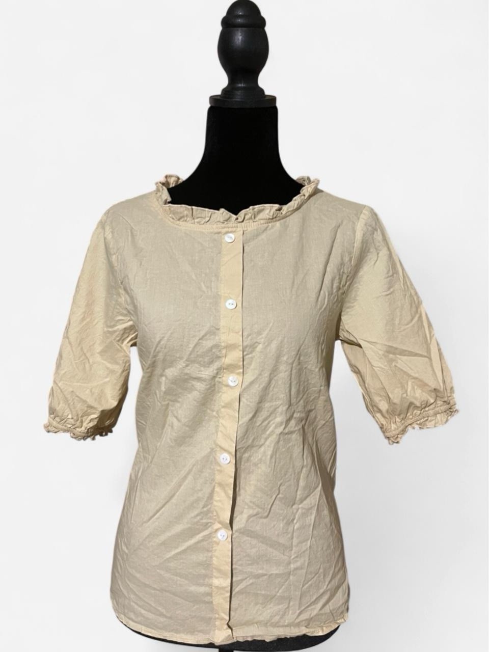 Zanzea Women’s Beige Solid Ruffle Round Neck Puff Sleeve Button Blouse Size M