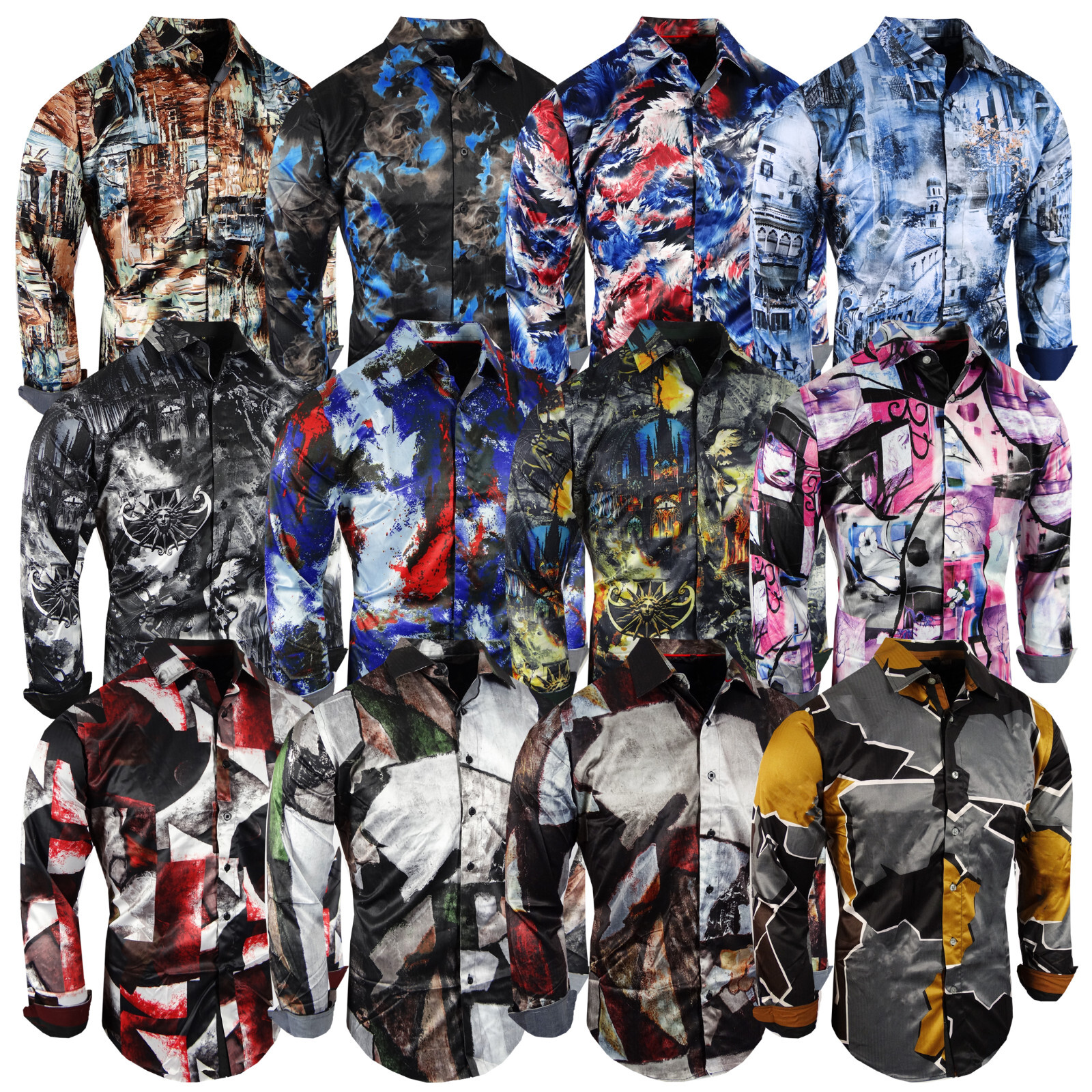 Mens Shirt Designer Italian Abstract Panel Murals Silky Stretch Slim Fit Button