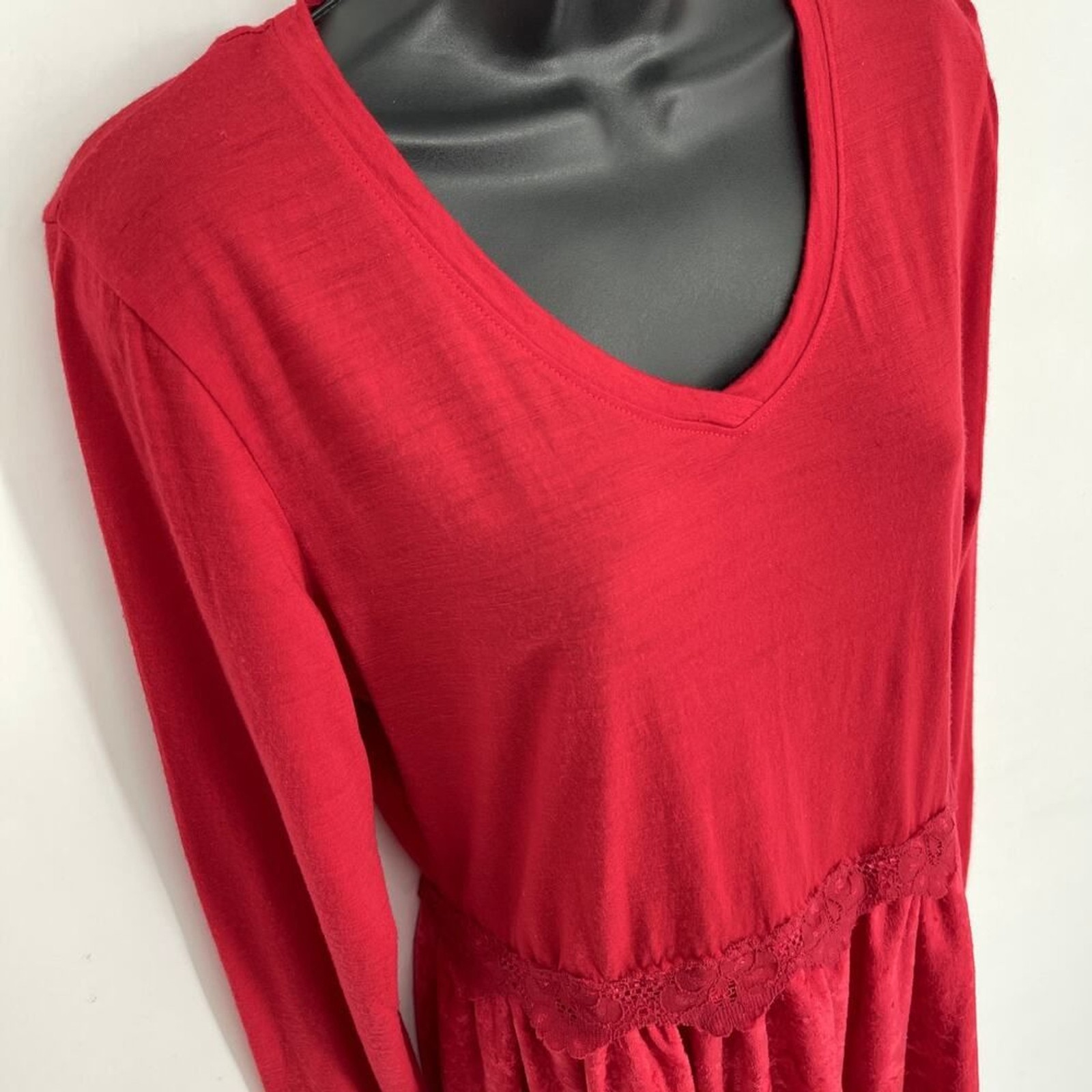 Seg’ments Merino Wool V-Neck Tunic Top Sz M Red Pleated Texture Lace Lightweight