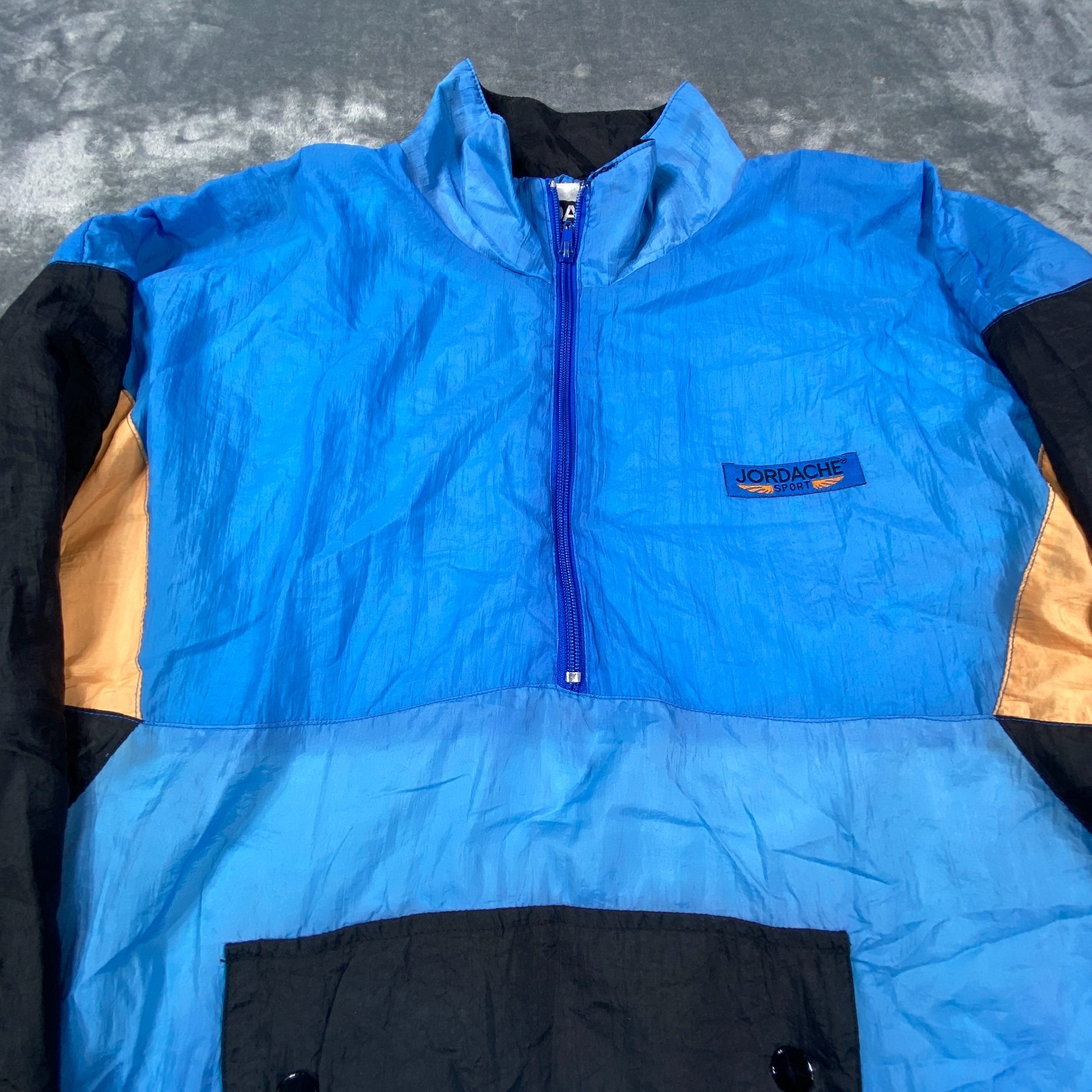 Jordache Jacket Mens L Blue Colorblock Retro USA 1/4 Zip Mock Neck Train Vintage