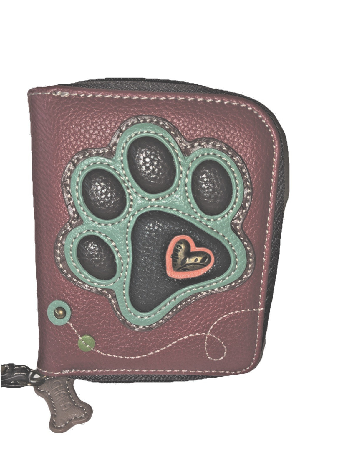 CHALA BURGUNDY PAW DOG ZIPPERED WALLET FAUX LEATHER