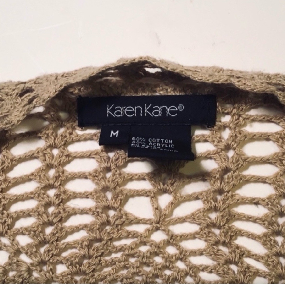 Vintage Karen Kane Beige Crochet Open-Knit Tie-Front Cardigan Sweater M V-Neck