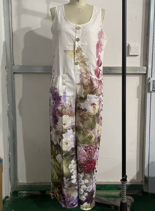 Women Sleeveless Wide Leg Jumpsuit Floral Print Loose Pocket Long Overall Romper