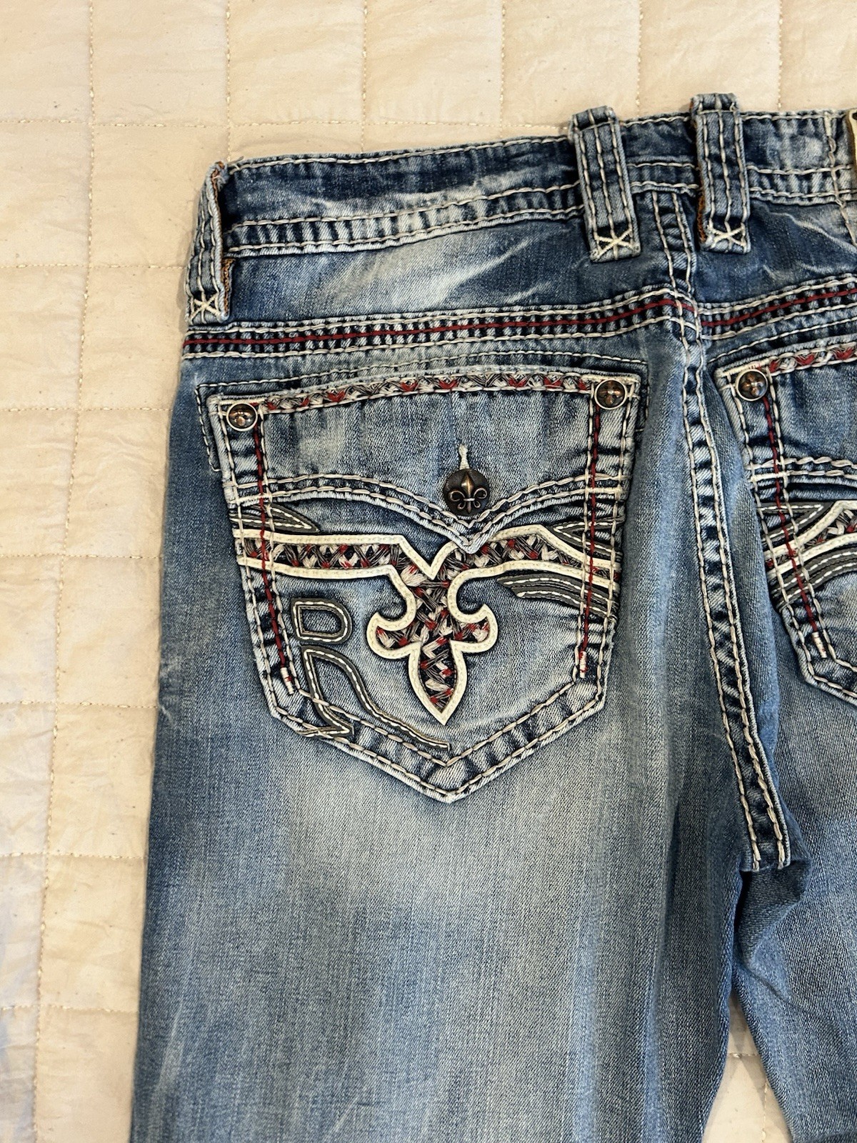 Rock Revival Men’s Blue Medium Wash Straight Fit Distressed Denim Jeans 5-Pocket