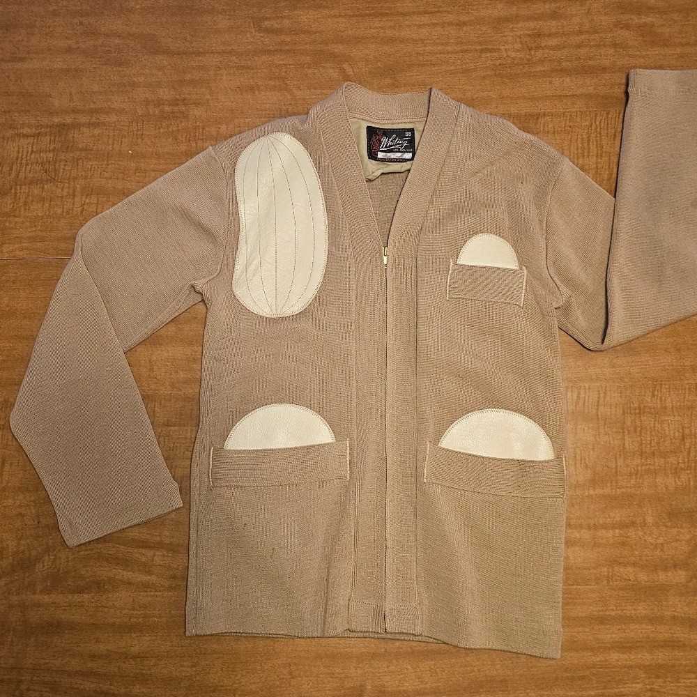 Vtg 40s 50s Whiting Cardigan Shooting Sweater Talon Zipper Wool Leather Men 38 M