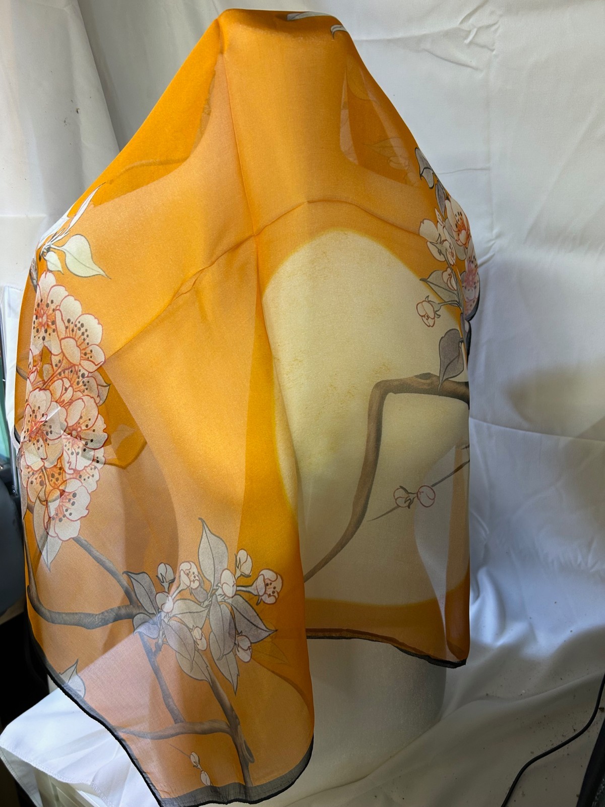 26 Inch Medium Square Orange, Tan and Black Floral Pattern 100% Silk Scarf-SS-33