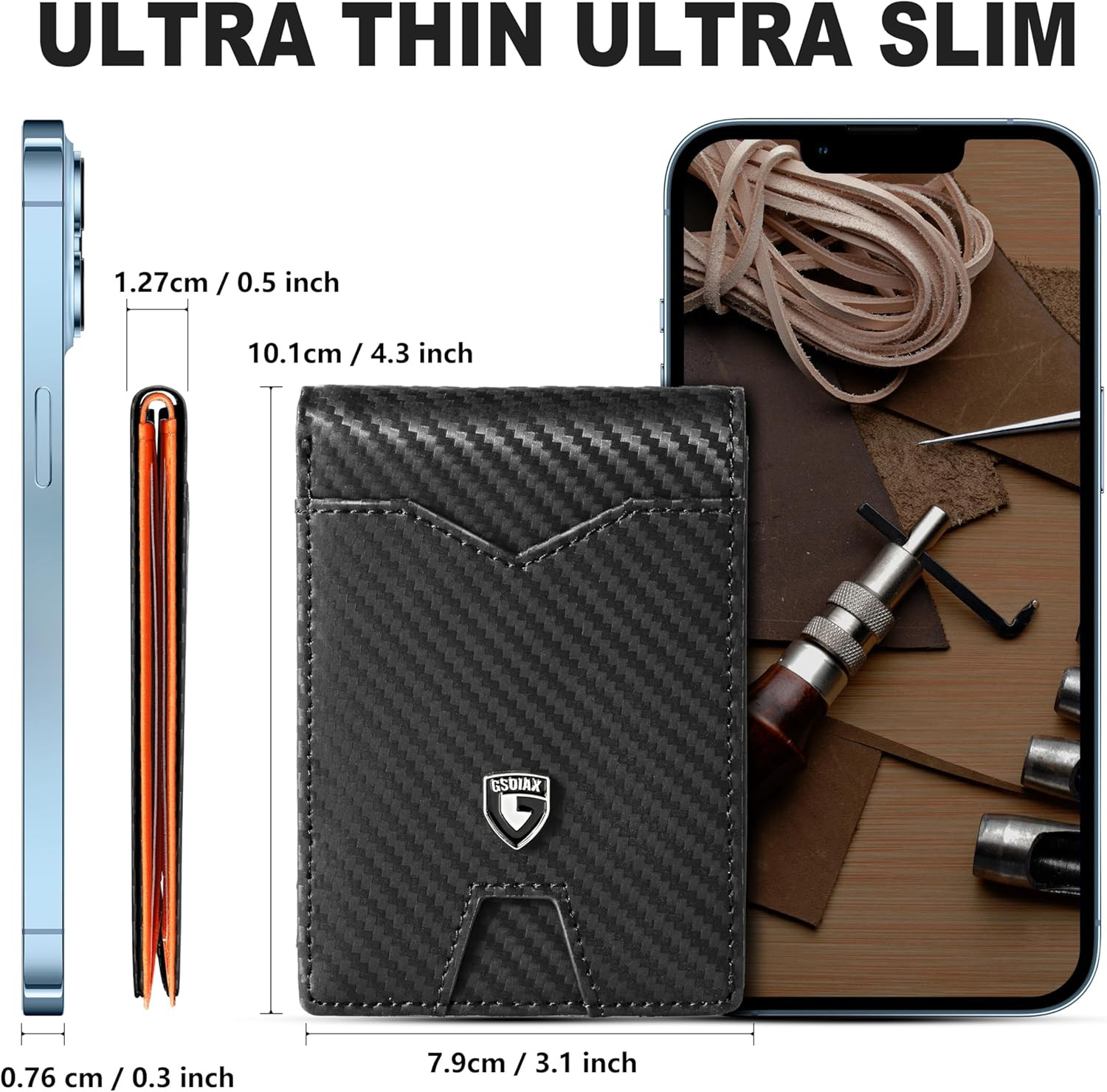 Men’s Slim RFID Leather Wallet Carbon Fiber Bifold Front Pocket Card Holder