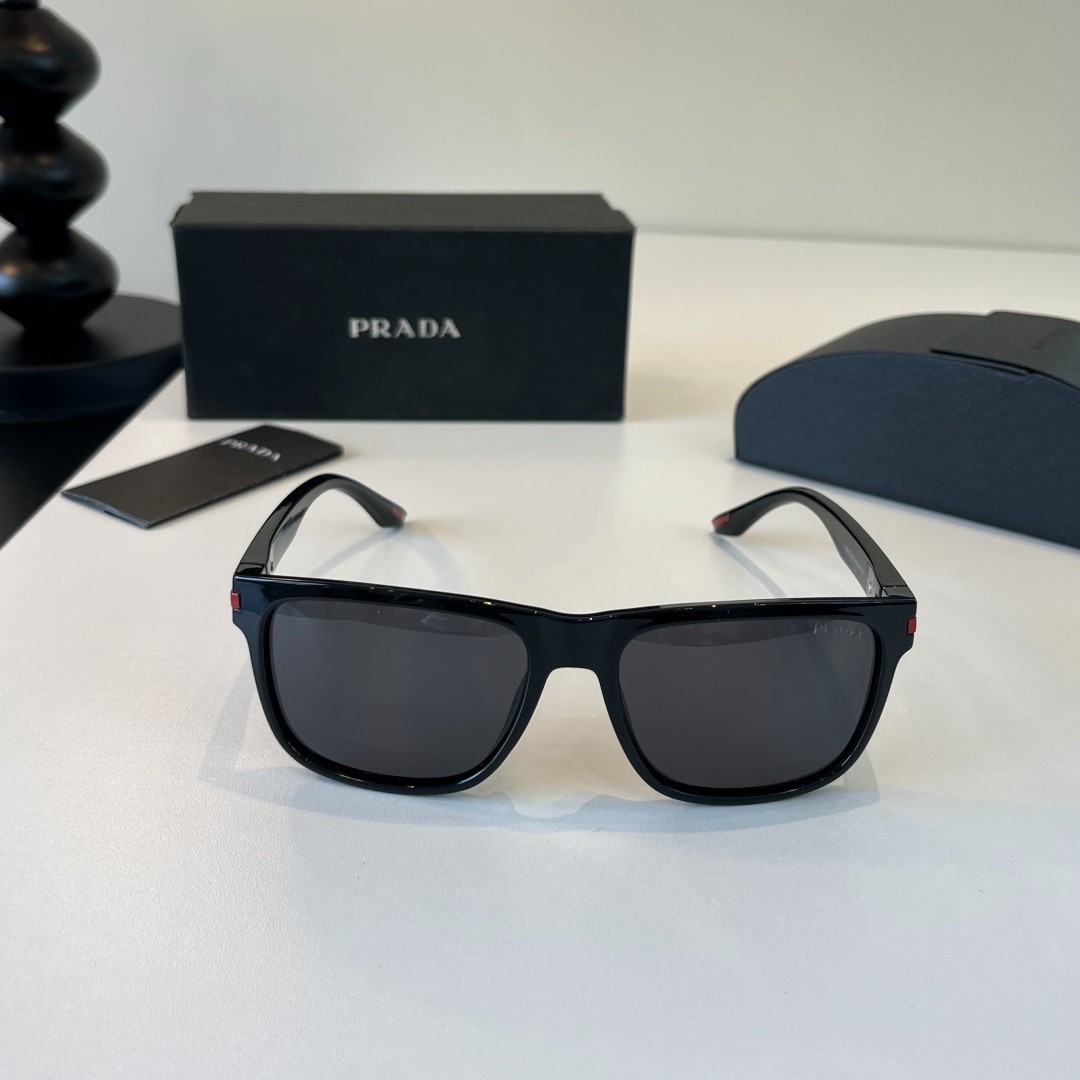 Prada P5113 Sunglasses 57‑18‑140 Black Red Accent Dark Grey Square Men Shades