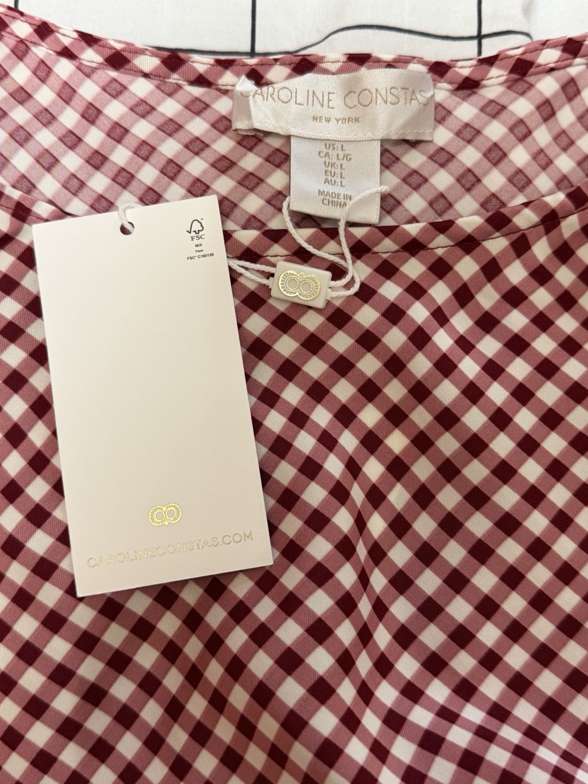 NWT Caroline Constas Burgundy Gingham Maxi Dress Size Large Tie Shoulders Red