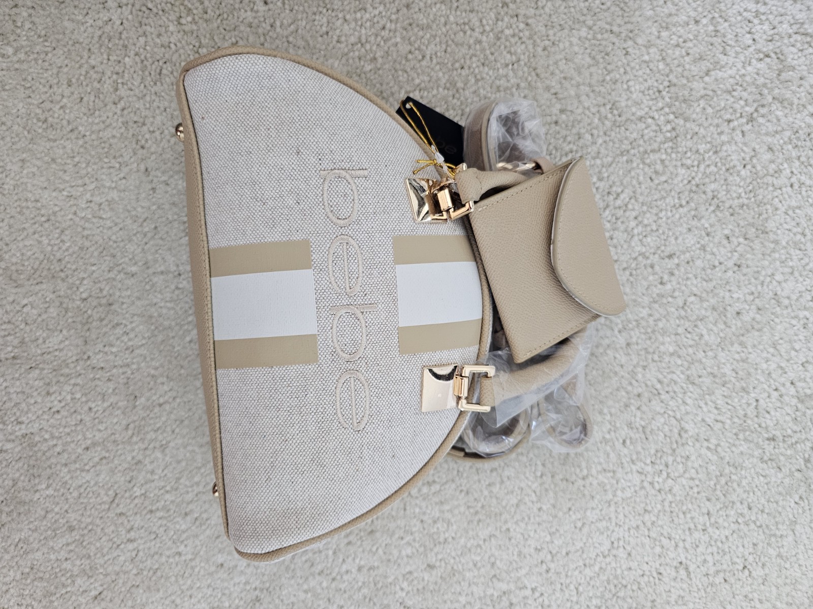bebe Beige Logo Crescent Satchel Top Handle Zip Gold Hardware Detachable Strap