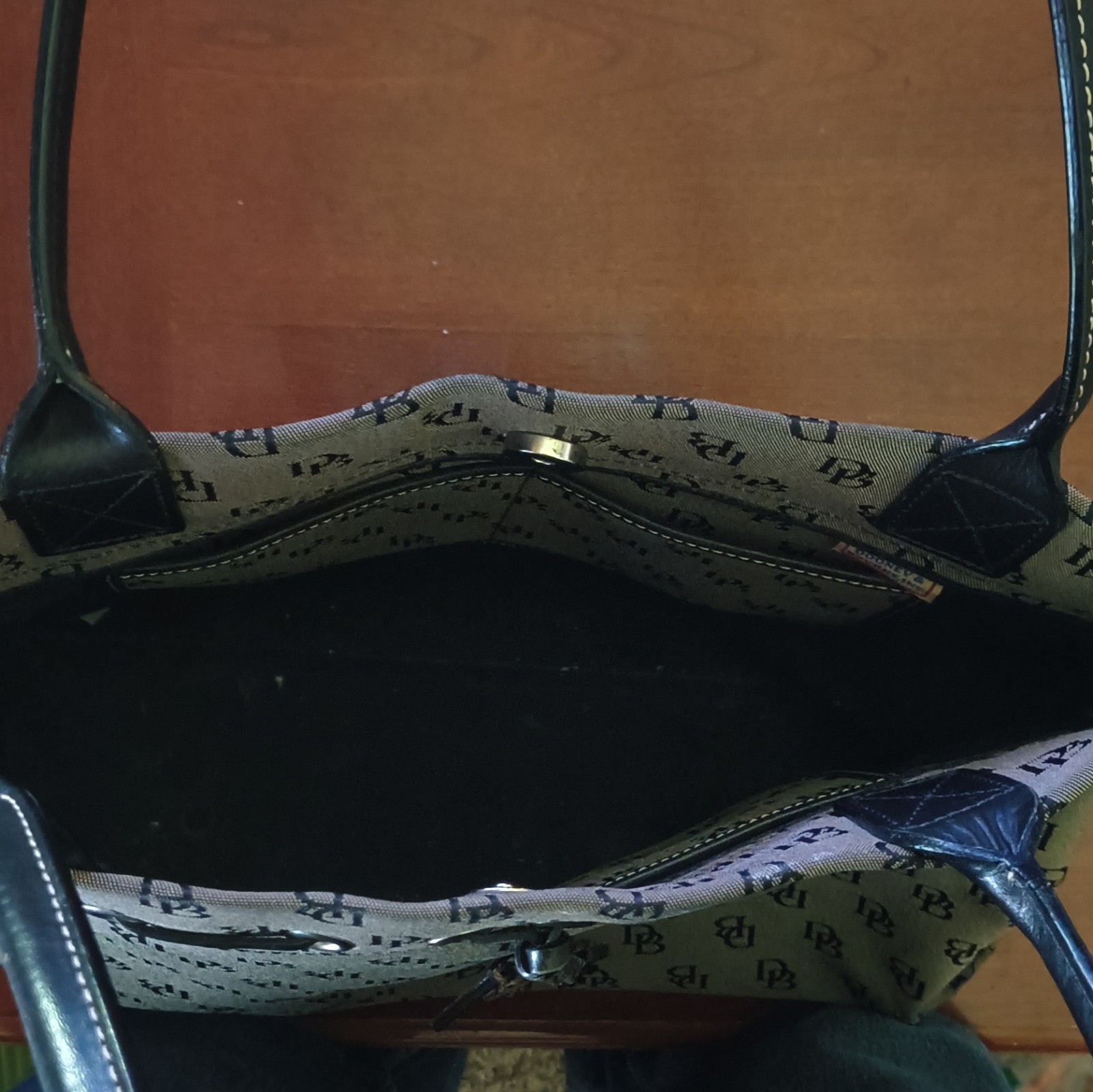 Dooney & Bourke DB Monogram Tan/Black Medium Tote Drawstring Tassel Pockets