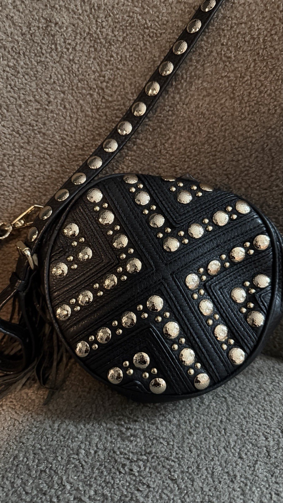 Rebecca Minkoff Black Round Studded Crossbody Bag Tassel Zip Gold Hardware