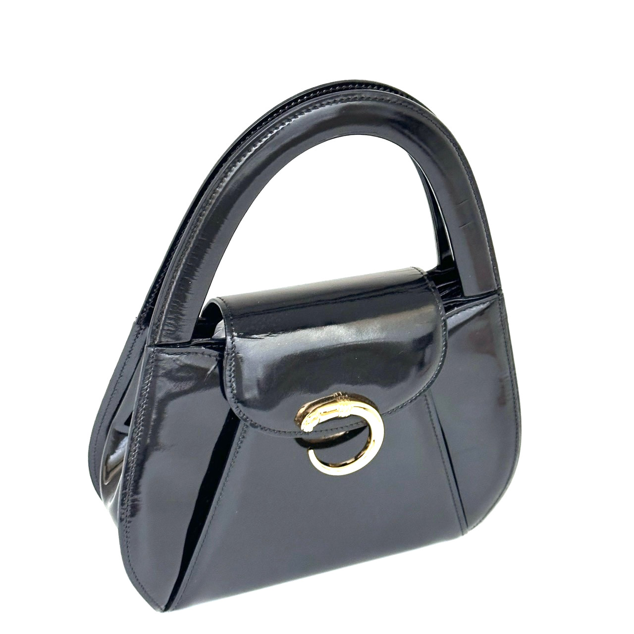 Cartier Panthere Hand Bag Patent Leather Black Gold Buckle Authentic