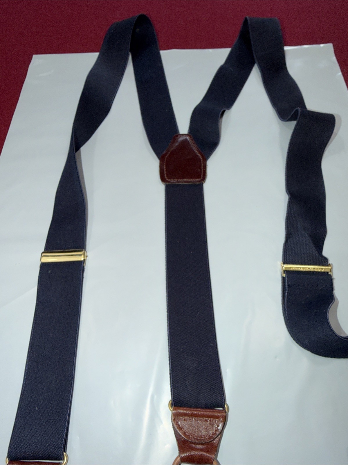 Vintage CAS W Germany BLUE Suspenders BROWN Leather Button Tab Braces Y strap OS