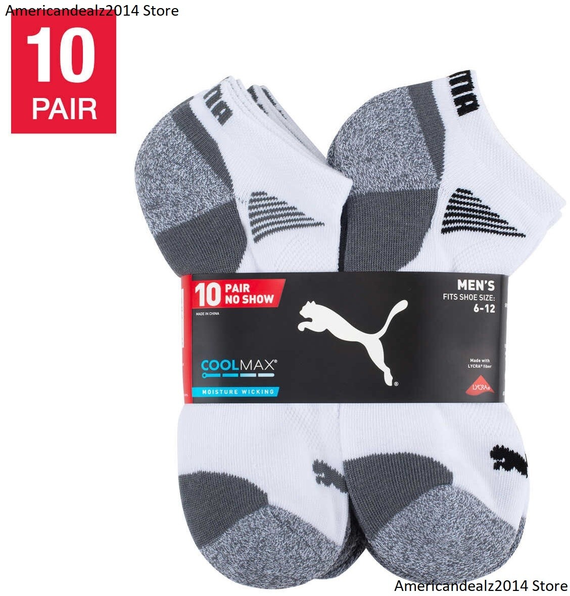 10 Pairs – Puma Men’s No Show Low Cut Socks, WHITE Select Size