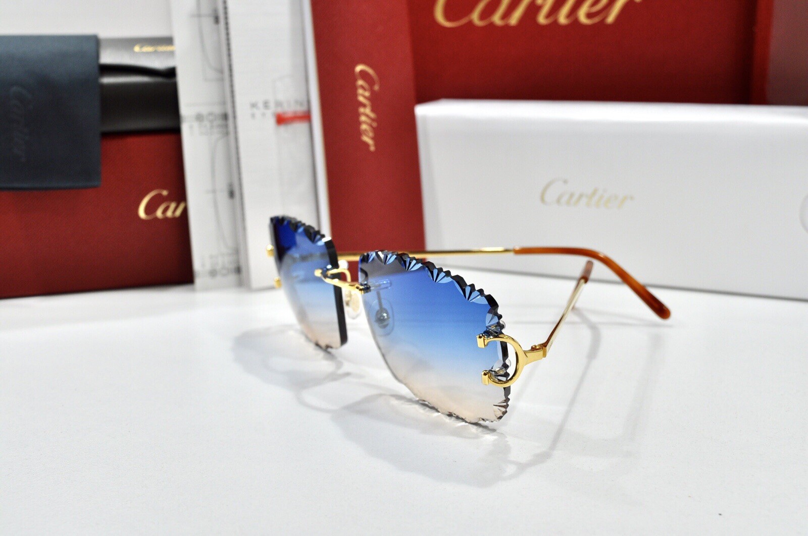 New Cartier rimless sunglasses fred glasses Diamond Cut decor BIG C gold Frame