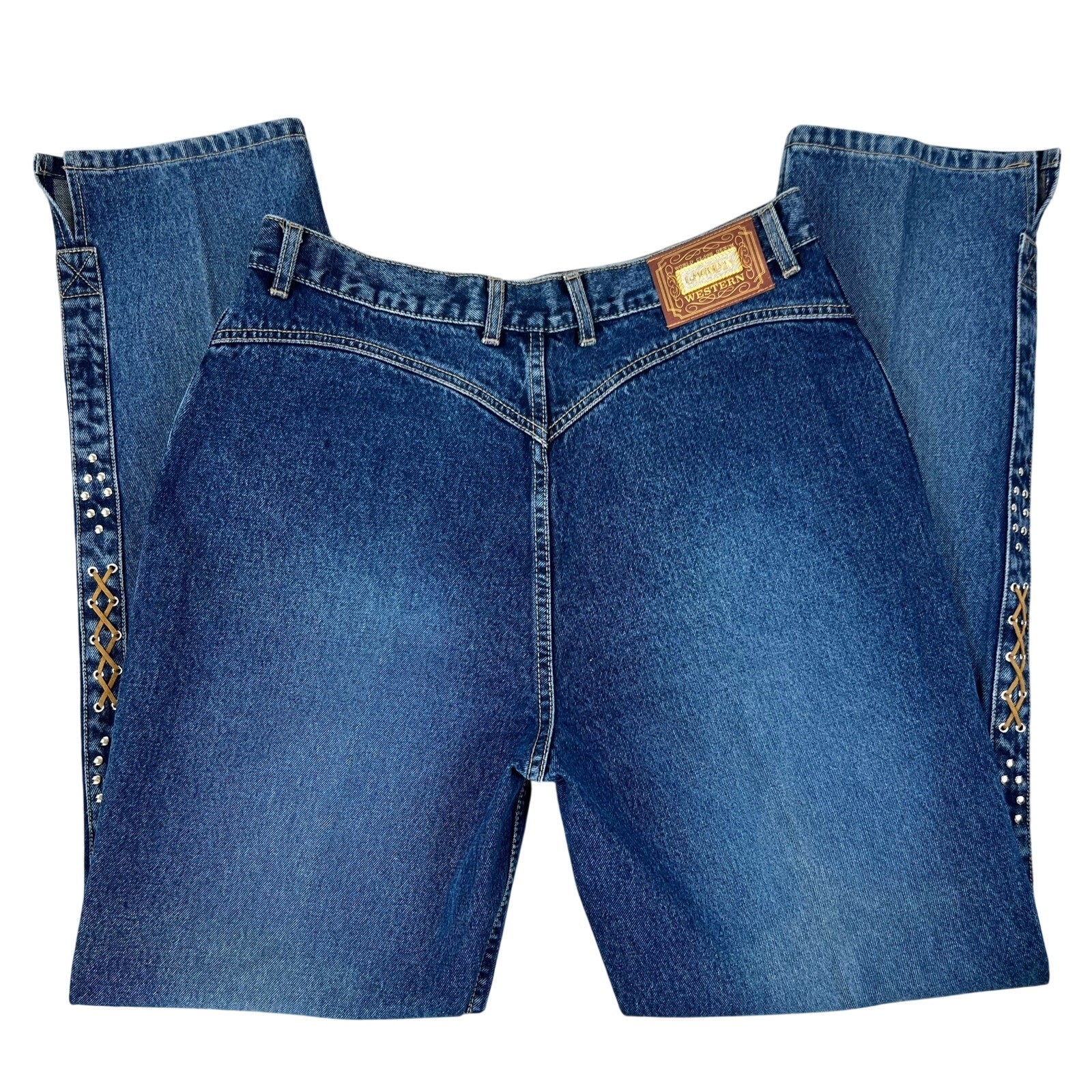 Vintage Lawman Western Bareback Studded Criss Cross Leather Denim Jeans (Sz 36)