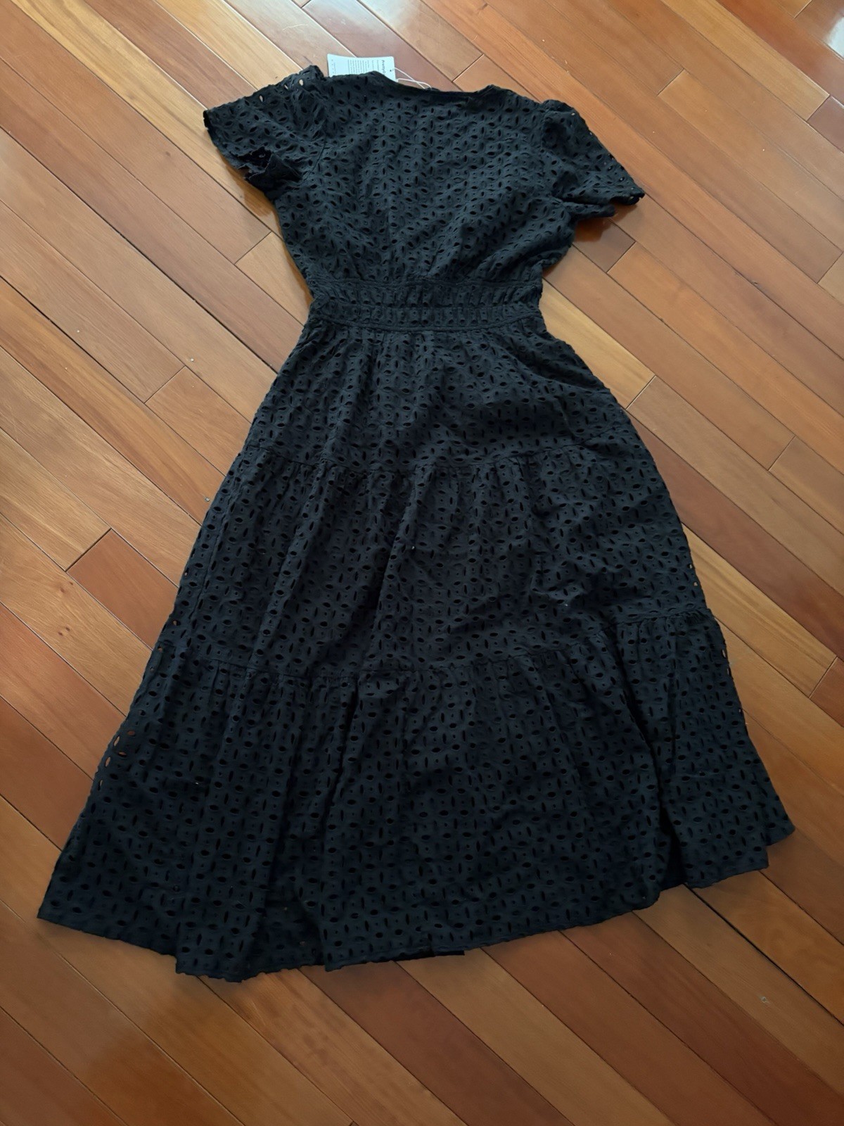 New PrettyGarden Black Eyelet Smocked Tiered Dress S