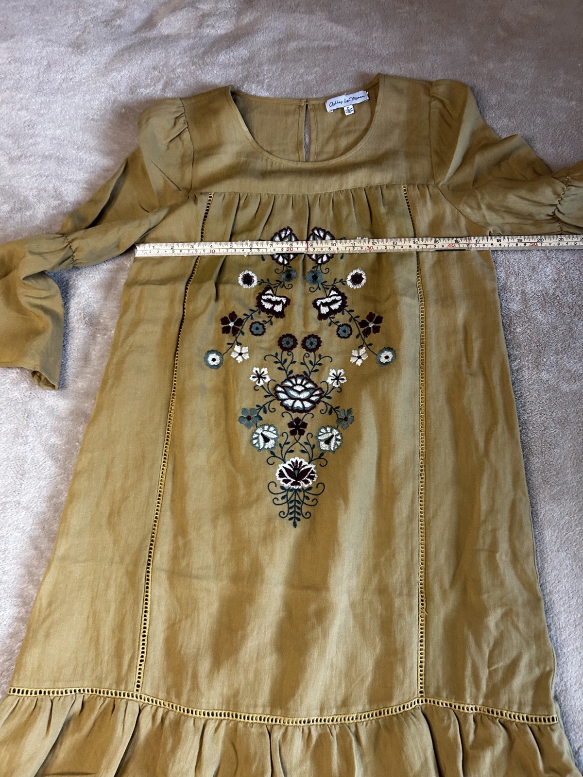 B10. Ashley LeMieux Mustard Yellow Tunic Bell Sleeves Floral Embroidery Size Med