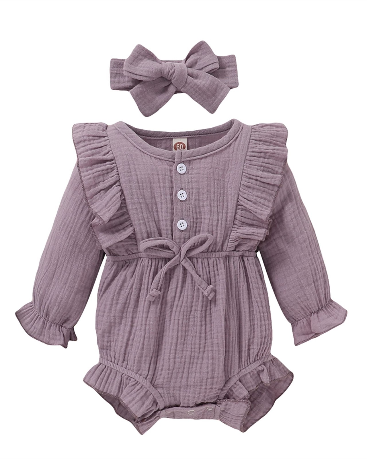 0-3M Baby Girl Romper – Purple Linen Long Sleeve Ruffle Jumpsuit Bodysuit