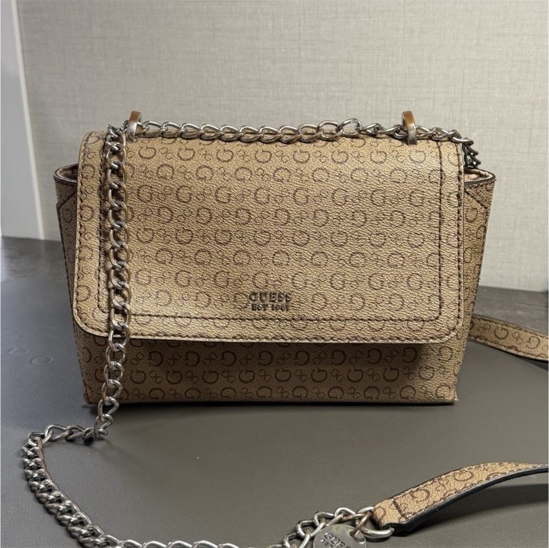 GUESS Beige/Brown Logo Print Small Crossbody Bag w/ Chain Strap, Magnetic