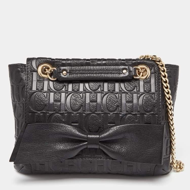 Carolina Herrera CH Small Black Monogram Shoulder Bag Bow Chain Strap Coin Purse